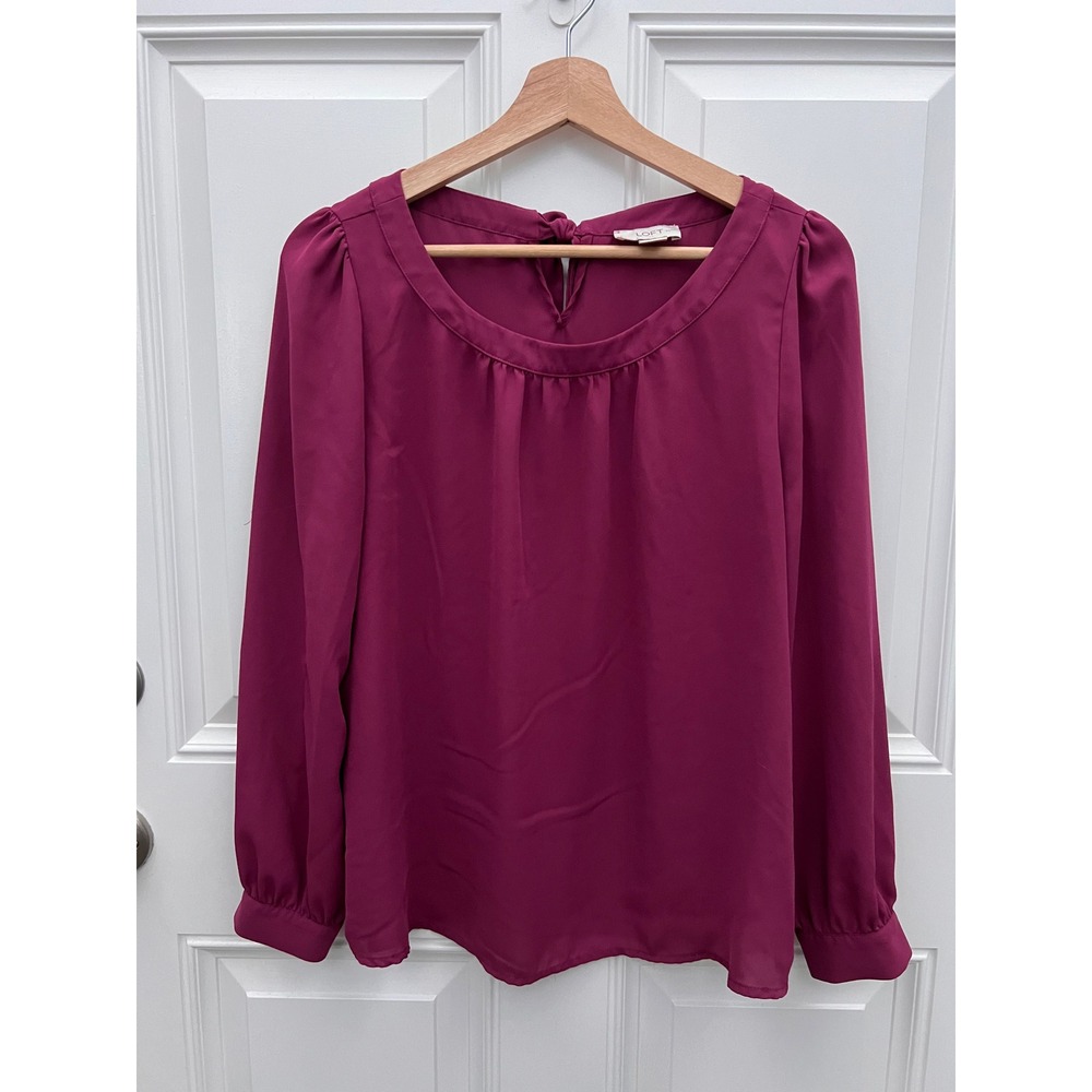 LOFT Petites Magenta Purple Long Sleeve Tie Back Keyhole Blouse Size LP